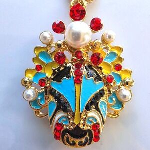 Betsey‎ Johnson Gold Tone Chinese Peking Opera Mask Face Pendant Necklace